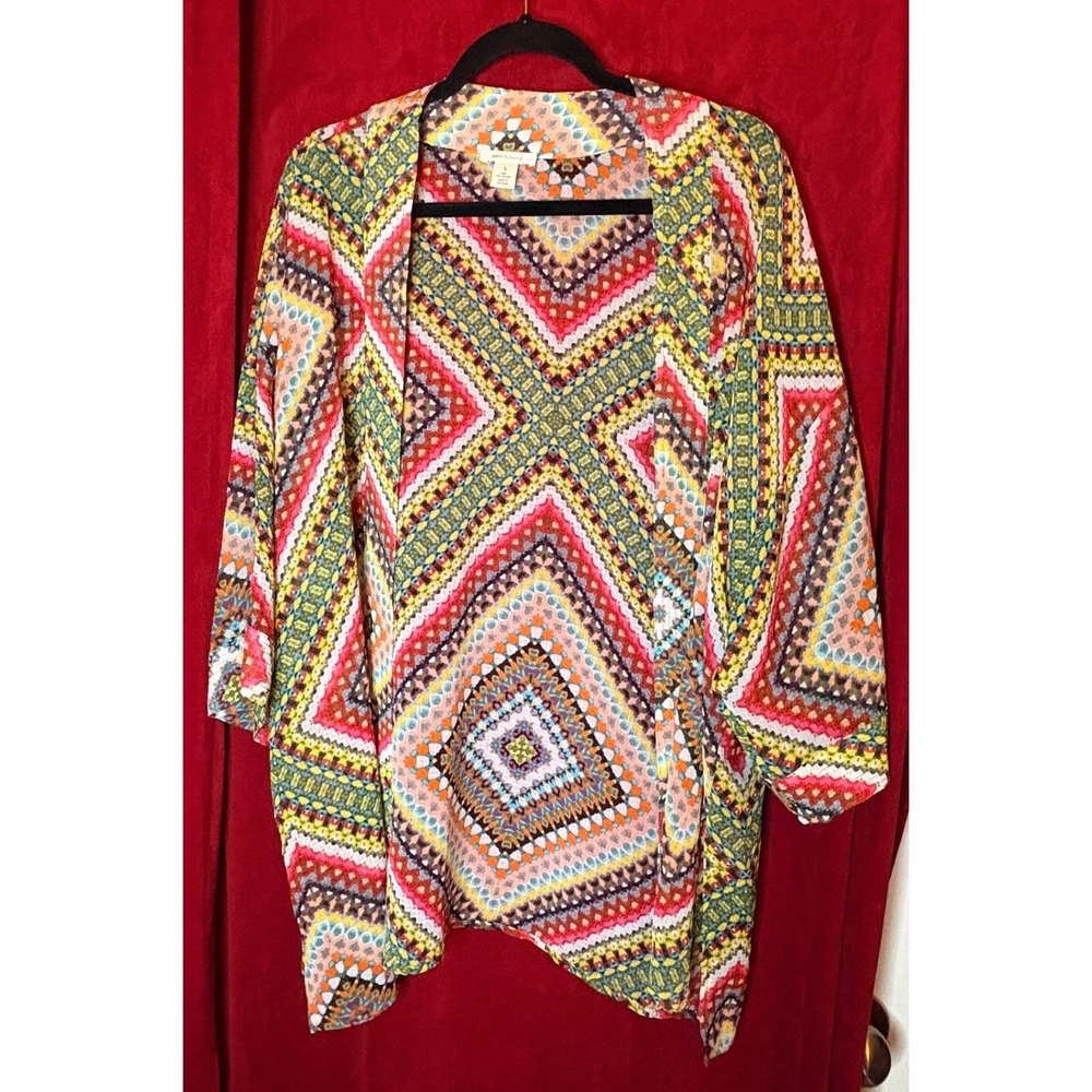 Westbound Womens Multi Color Geometric Diamond Kimono Cardigan Open Front Large